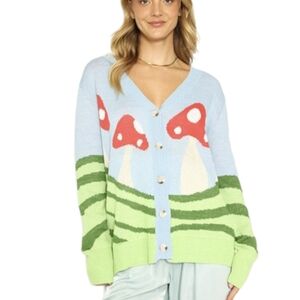Miss Sparkling Mushroom Intarsia Cardigan Knit Button Front Blue Green Medium